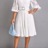 White Pleated Belted Three Quarter Length Sleeve Dress 1 White Pleated Belted Three Quarter Length Sleeve Dress -Ethereal Swim 329475 P 16853390417270