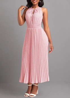 Light Pink Pleated Sleeveless Tie Front Dress -Ethereal Swim 329642 P 16825078197412