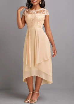 Champagne Lace High Low Short Sleeve Dress -Ethereal Swim 329903 P 16822453670923
