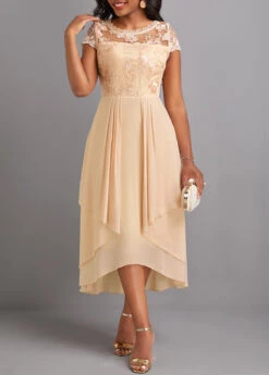 Champagne Lace High Low Short Sleeve Dress -Ethereal Swim 329903 P 16822453676592