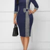 Blue Bowknot Plaid 3/4 Sleeve Bodycon Dress -Ethereal Swim 330225 P 1680594604348