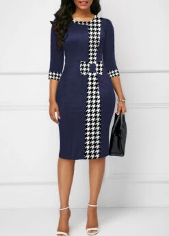 Blue Bowknot Plaid 3/4 Sleeve Bodycon Dress -Ethereal Swim 330225 P 1680594604905