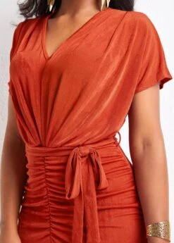 Red Ruched Belted Short Sleeve Bodycon Dress -Ethereal Swim 330307 P 16812957430064