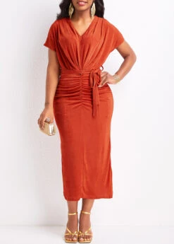 Red Ruched Belted Short Sleeve Bodycon Dress -Ethereal Swim 330307 P 16812957432423