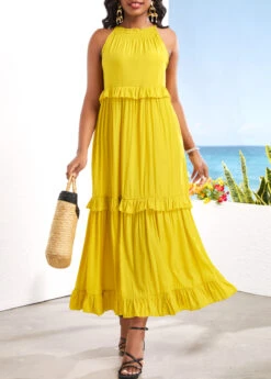 Tie Back Yellow Ruched Sleeveless Maxi Dress -Ethereal Swim 330780 P 16813832849883
