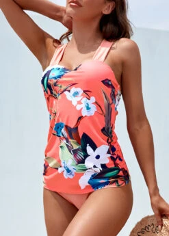Tie Mid Waisted Floral Print Coral Tankini Set -Ethereal Swim 330957 P 16849092446840