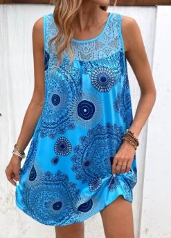 Sky Blue Patchwork Tribal Print Shift Dress 9 Sky Blue Patchwork Tribal Print Shift Dress -Ethereal Swim 331081 P 16844110740602