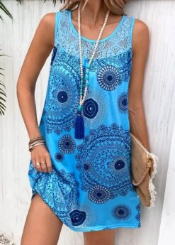 Sky Blue Patchwork Tribal Print Shift Dress 11 Sky Blue Patchwork Tribal Print Shift Dress -Ethereal Swim 331081 P 16844110743244