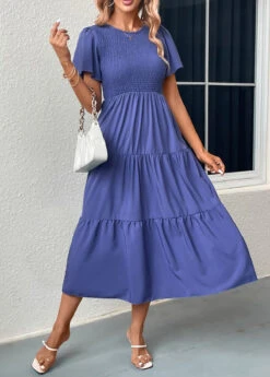 Ethereal Swim 10 Blue Smocked Short Sleeve Round Neck Dress
