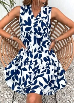 Navy Ruched Leaf Print A Line Dress -Ethereal Swim 332172 P 16841474500690