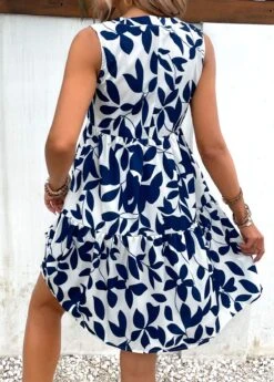 Navy Ruched Leaf Print A Line Dress -Ethereal Swim 332172 P 16841474500761