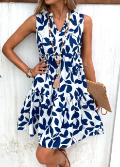 Navy Ruched Leaf Print A Line Dress -Ethereal Swim 332172 P 16841474504812