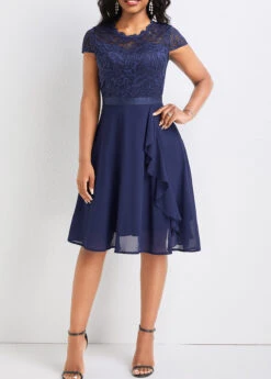 Navy Lace Short Sleeve Round Neck Dress -Ethereal Swim 332280 P 16847352180142