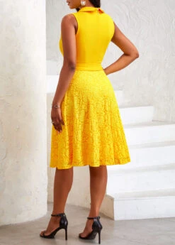 Yellow Asymmetry Belted Sleeveless Lapel Dress -Ethereal Swim 332458 P 16867423158541