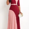 Deep Red Pleated Maxi Belted Half Sleeve Dress -Ethereal Swim 333422 P 16885456548040