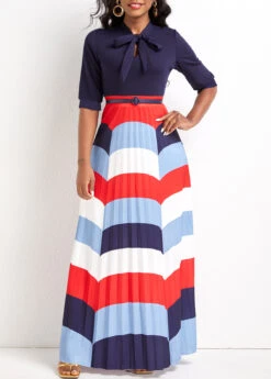 Navy Bowknot Wave Pattern Print Maxi Dress