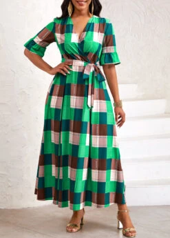 Green Tie Plaid Belted Half Sleeve Dress -Ethereal Swim 333608 P 16866558863804
