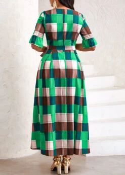 Green Tie Plaid Belted Half Sleeve Dress -Ethereal Swim 333608 P 16866558865771
