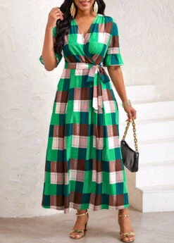 Green Tie Plaid Belted Half Sleeve Dress -Ethereal Swim 333608 P 16866558867040