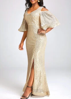 Golden Sequin Half Sleeve Maxi Dress -Ethereal Swim 334049 P 16859657451932