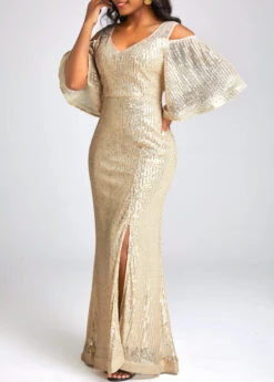 Golden Sequin Half Sleeve Maxi Dress -Ethereal Swim 334049 P 16859657456343
