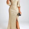 Golden Sequin Half Sleeve Maxi Dress -Ethereal Swim 334049 P 16859657456760