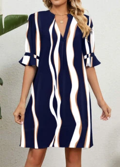 Navy Split Striped Shift Dress -Ethereal Swim 334264 P 1684229268227