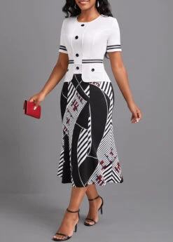 White Contrast Binding Geometric Print Bodycon Dress -Ethereal Swim 334274 P 16884665087082