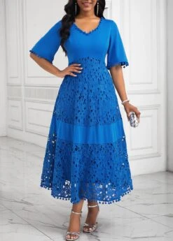 Blue Patchwork A Line Half Sleeve Dress -Ethereal Swim 335129 P 16957887143653