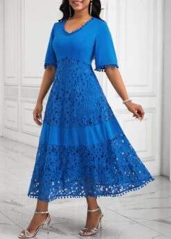 Blue Patchwork A Line Half Sleeve Dress -Ethereal Swim 335129 P 16957887147952