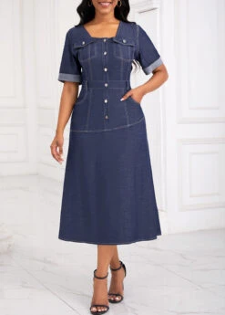 Denim Blue Pocket Button Detail Short Sleeve Dress -Ethereal Swim 335133 P 16902830403683