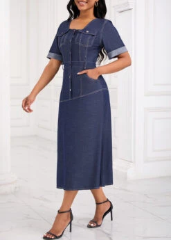 Denim Blue Pocket Button Detail Short Sleeve Dress -Ethereal Swim 335133 P 16902830407082