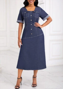 Denim Blue Pocket Button Detail Short Sleeve Dress -Ethereal Swim 335133 P 16902830419464