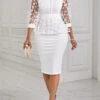 White Lace Three Quarter Length Sleeve Bodycon Dress -Ethereal Swim 335166 P 16902830115250
