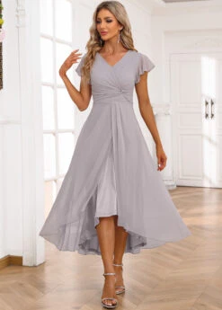 Light Grey Twist Short Sleeve V Neck Dress -Ethereal Swim 335407 P 16878652103572