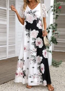 White Lace Floral Print Short Sleeve Maxi Dress -Ethereal Swim 335675 P 16881048484203