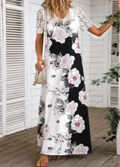 White Lace Floral Print Short Sleeve Maxi Dress -Ethereal Swim 335675 P 16881048485315