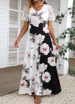 White Lace Floral Print Short Sleeve Maxi Dress