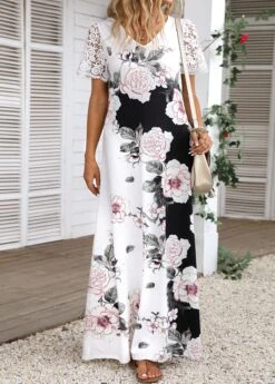 White Lace Floral Print Short Sleeve Maxi Dress -Ethereal Swim 335675 P 16881048489302