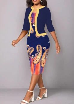 Dark Blue Fake 2in1 Paisley Print Bodycon Dress -Ethereal Swim 336727 P 1687161527412