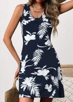 Navy Ruched Plants Print Short Sleeveless Dress -Ethereal Swim 336747 P 16896486061993