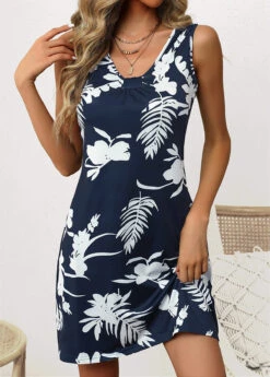 Navy Ruched Plants Print Short Sleeveless Dress -Ethereal Swim 336747 P 16896486062774