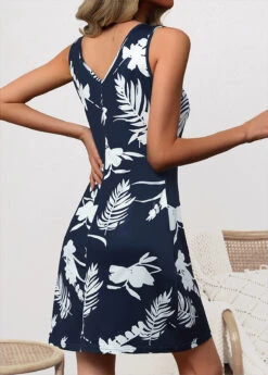 Navy Ruched Plants Print Short Sleeveless Dress -Ethereal Swim 336747 P 16896486068551