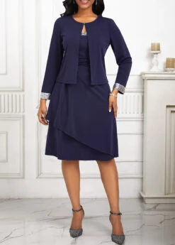 Navy Sequin Two Piece Suit Long Sleeve Dress And Cardigan -Ethereal Swim 336927 P 16899448329733
