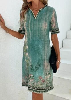 Green Patchwork Floral Print Shift Dress -Ethereal Swim 337051 P 16897664174033