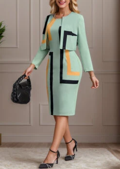 Sage Green Two Piece Geometric Print Dress And Cardigan