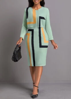 Sage Green Two Piece Geometric Print Dress And Cardigan -Ethereal Swim 337109 P 1694484860137