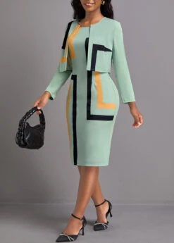 Sage Green Two Piece Geometric Print Dress And Cardigan -Ethereal Swim 337109 P 1694484861506