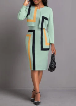 Sage Green Two Piece Geometric Print Dress And Cardigan -Ethereal Swim 337109 P 1694484861781