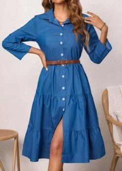 Shirt Collar Denim Blue Button Belted Dress -Ethereal Swim 337674 P 16895899880592